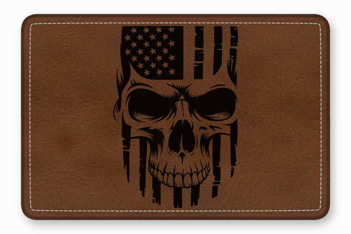 Brown leather patch featuring a black laser-engraved design of a skull blended with the American flag.