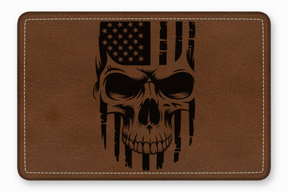 Brown leather patch featuring a black laser-engraved design of a skull blended with the American flag.