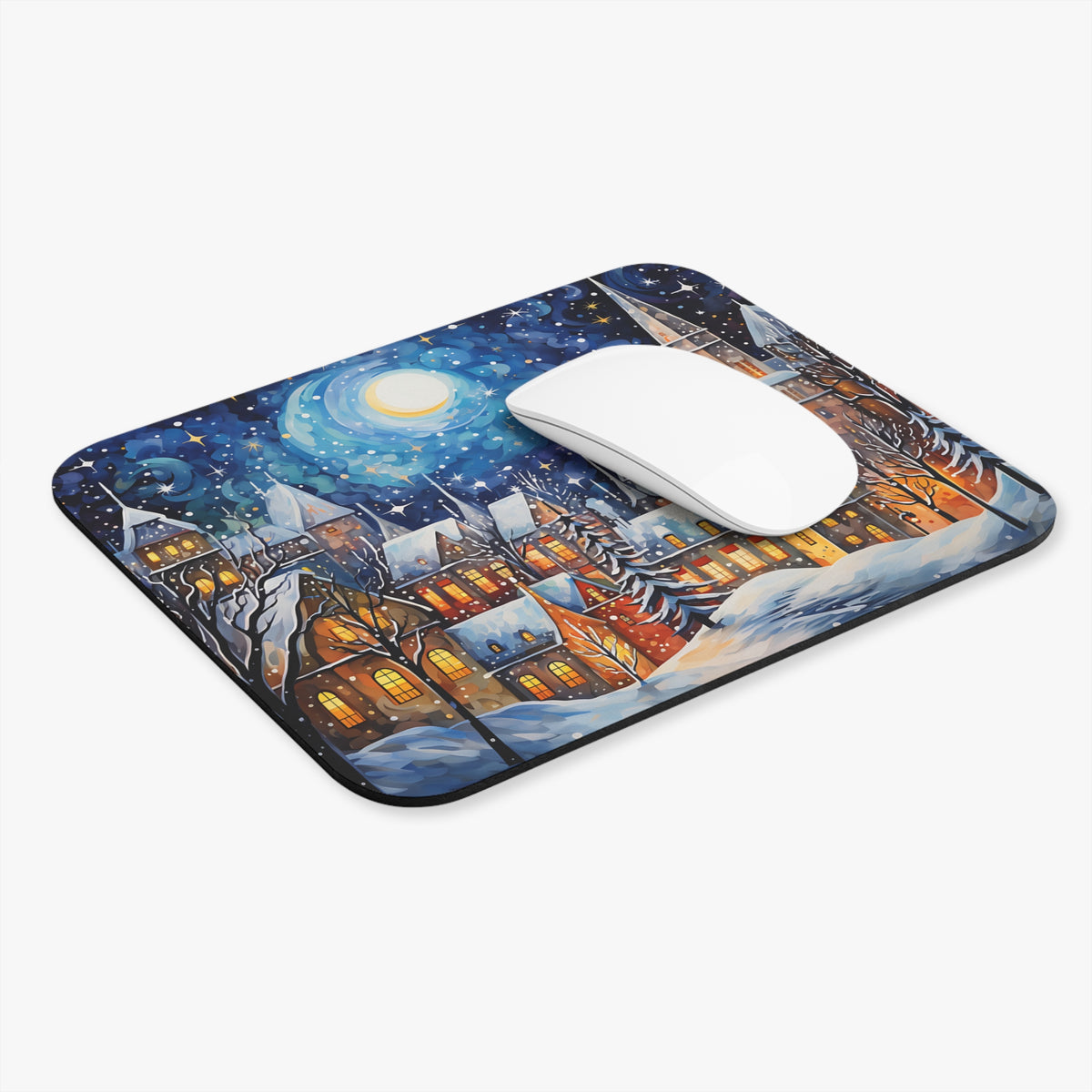 Mousepad with a winter castle scene under a starry night sky.