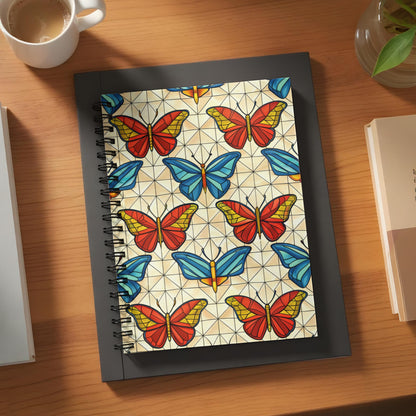 Spiral notebook with a stained-glass butterfly pattern and black binding.