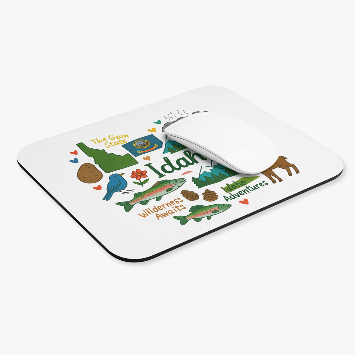 Mousepad with Idaho illustrations, state map, fish, and text "The Gem State".
