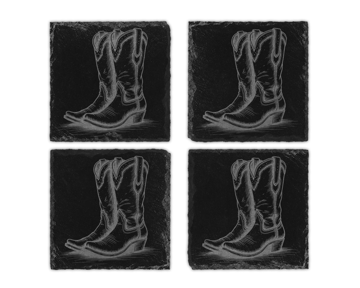 Four slate coasters featuring etched cowboy boot designs