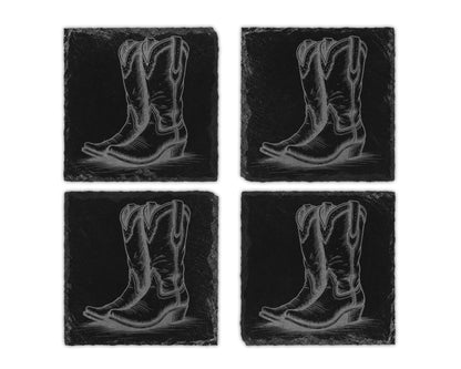 Four slate coasters featuring etched cowboy boot designs