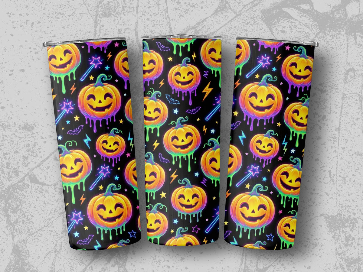 Three tumblers with a repeating pattern of neon jack-o'-lanterns, stars, and magic wands.