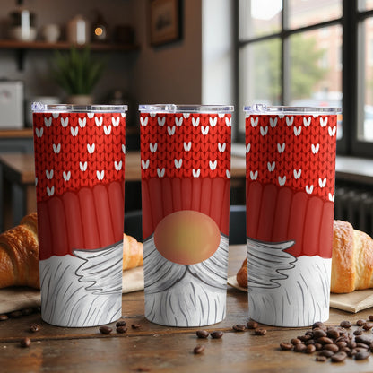Three tumblers featuring a gnome design with red knit pattern and white hearts.