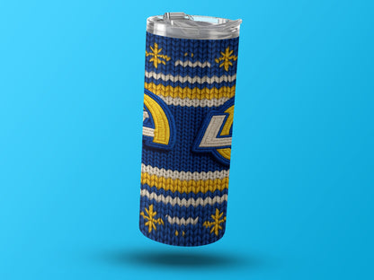 Blue tumbler with knit pattern and Rams logo.