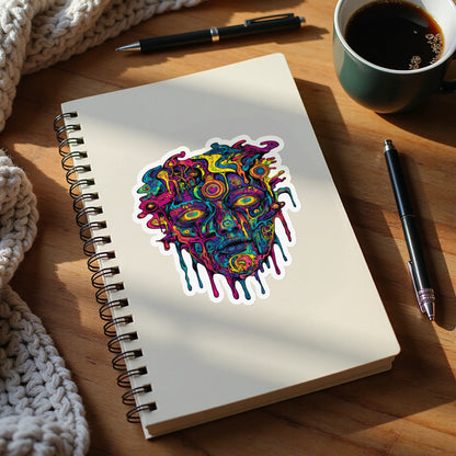 Trippy, colorful melting face sticker on a white spiral-bound notebook.