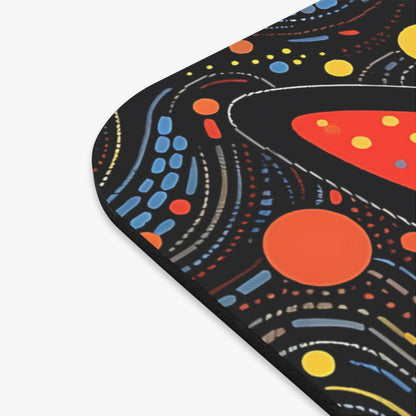 Abstract black background with red, orange, blue, and yellow circles and lines.