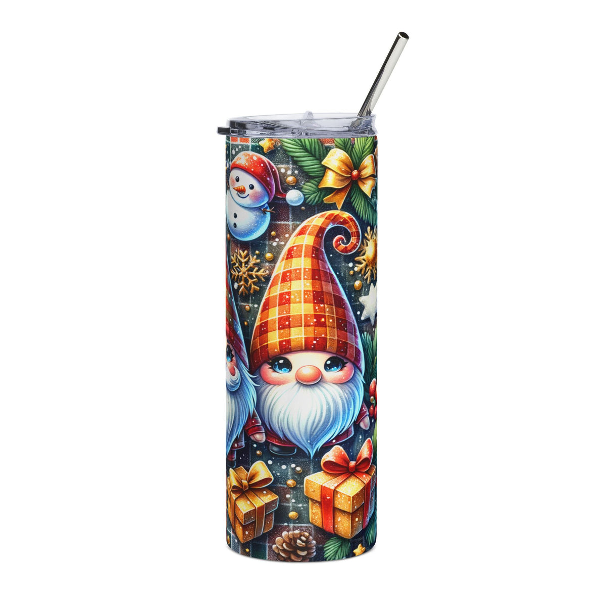 Tumbler with Christmas gnomes, snowman, gifts, pinecones, and plaid background.