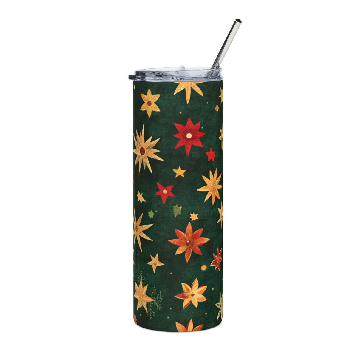 Tumbler with dark green background and scattered red and gold star pattern.