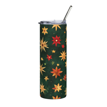 Tumbler with dark green background and scattered red and gold star pattern.