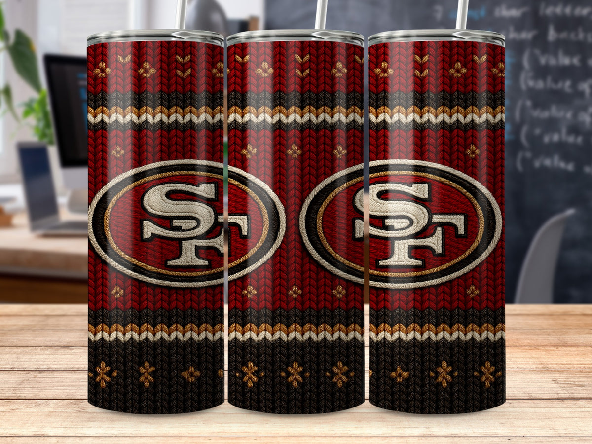 Three tumblers with a red knit pattern and San Francisco 49ers logos.