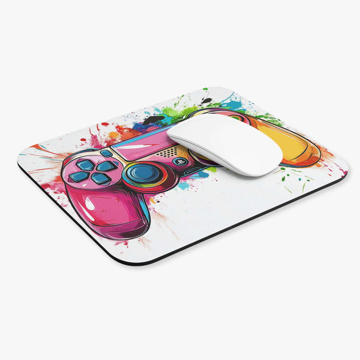 Mousepad with colorful abstract gaming controller and paint splatter design.