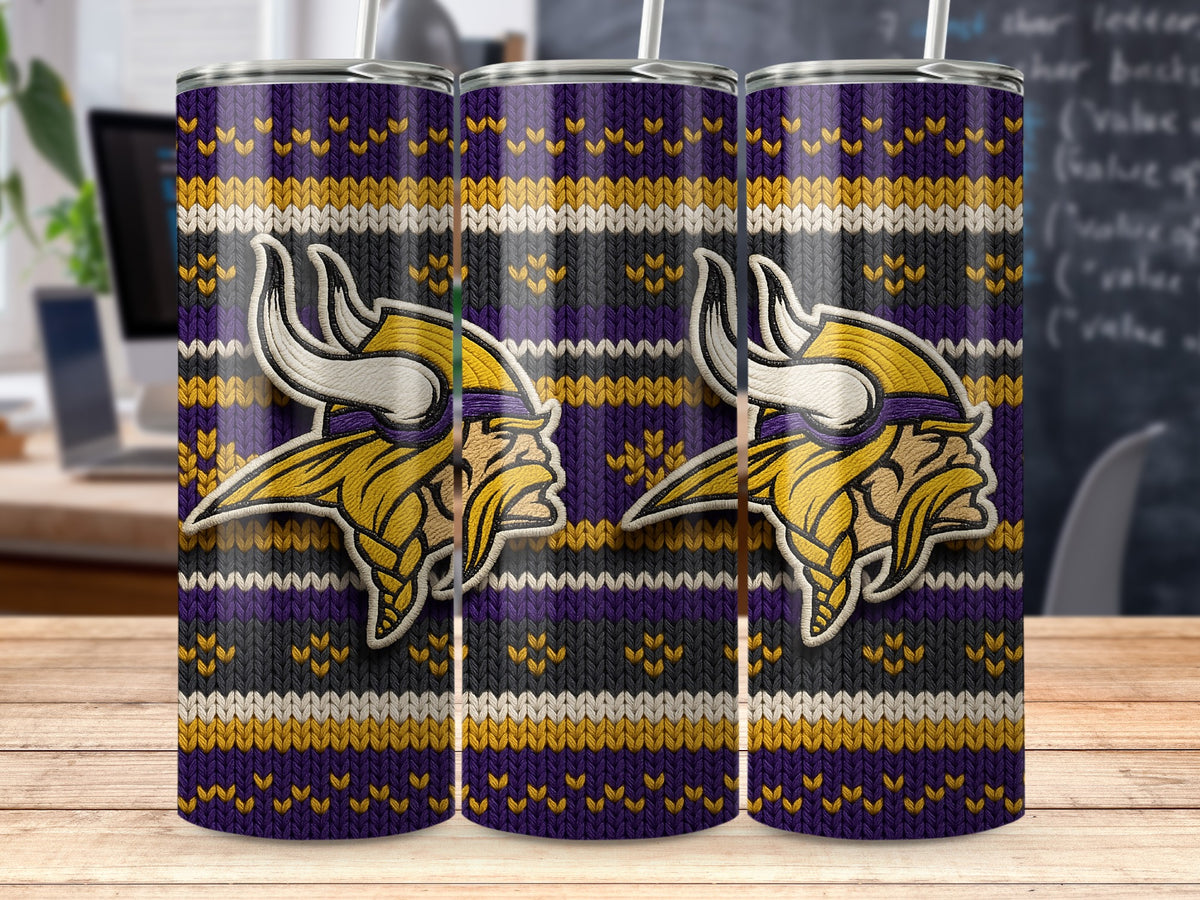 Three tumblers with a knit pattern and the Minnesota Vikings logo.