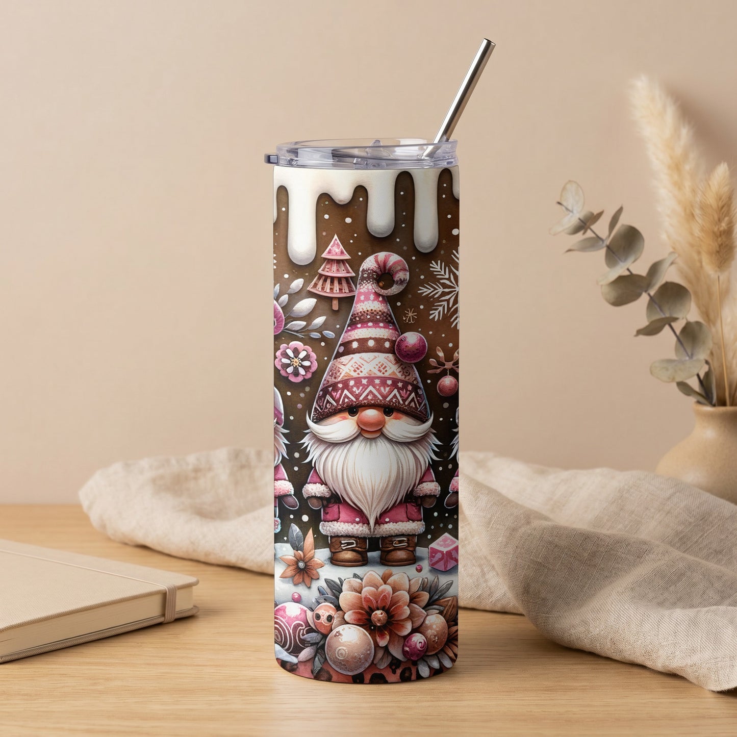 Tall tumbler with a gnome and festive winter pattern.