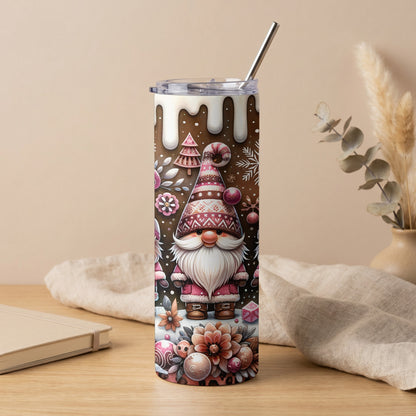 Tall tumbler with a gnome and festive winter pattern.