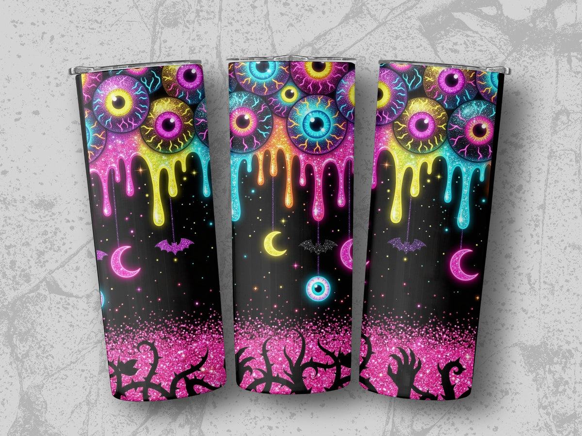 Three tumblers with a black background featuring dripping colorful eyeballs, moons, bats, and thorny vines.