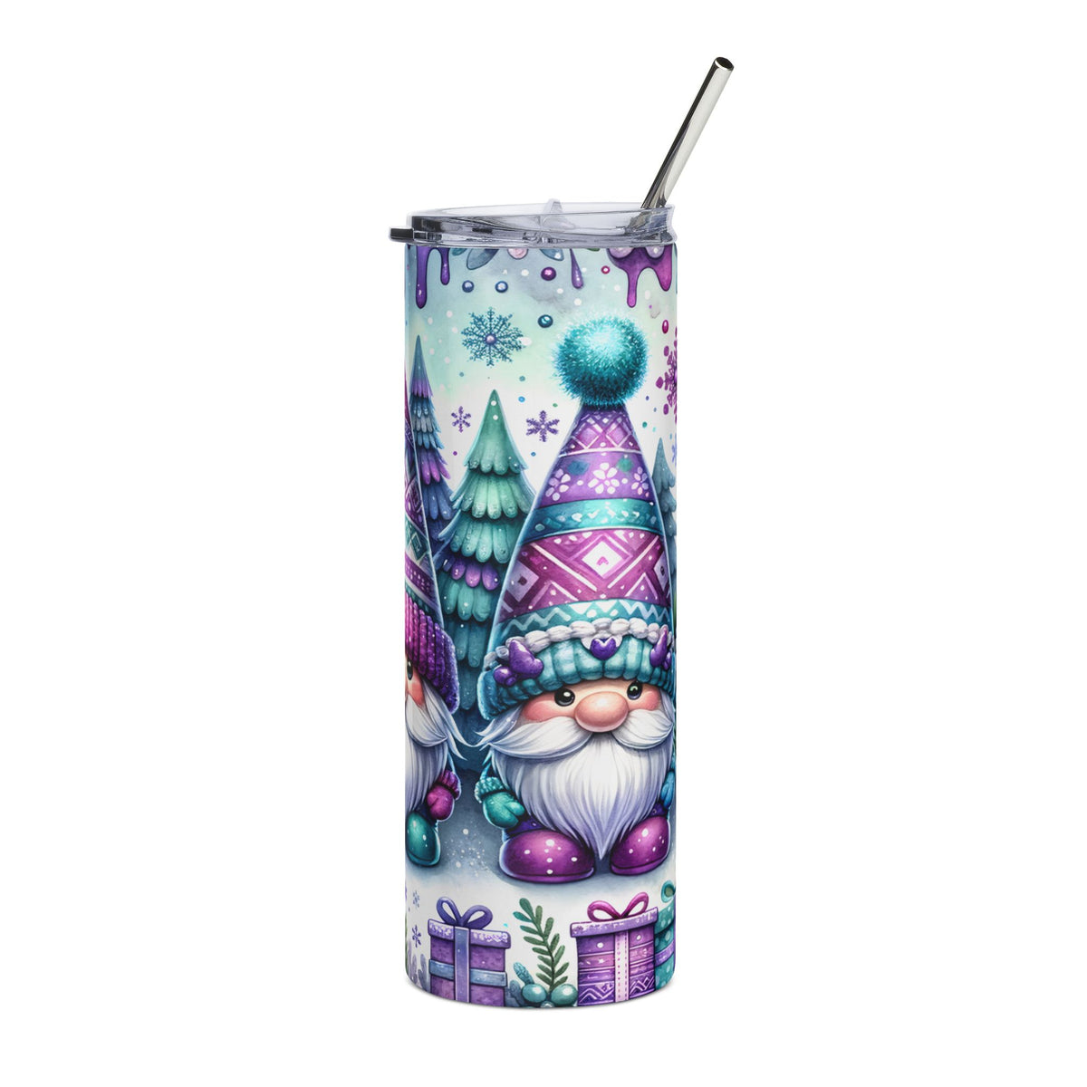 Tumbler with watercolor gnomes, Christmas trees, snowflakes, and presents.