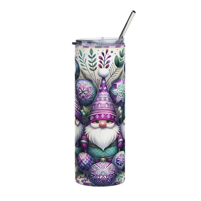 Tumbler with gnomes, festive ornaments, and botanical pattern.