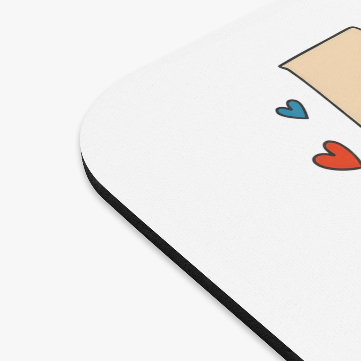 Mousepad with a beige envelope and blue and red hearts.