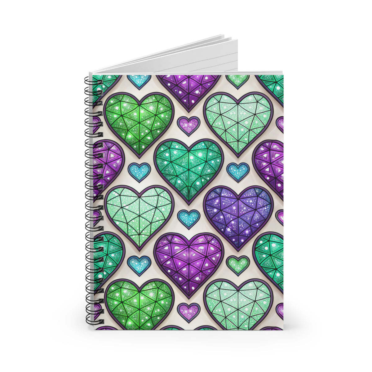 Spiral-bound notebook with a repeating pattern of glittery green and purple heart shapes.