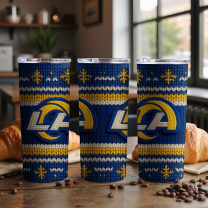 Three Los Angeles Rams tumblers with a blue, yellow, and white knit pattern.