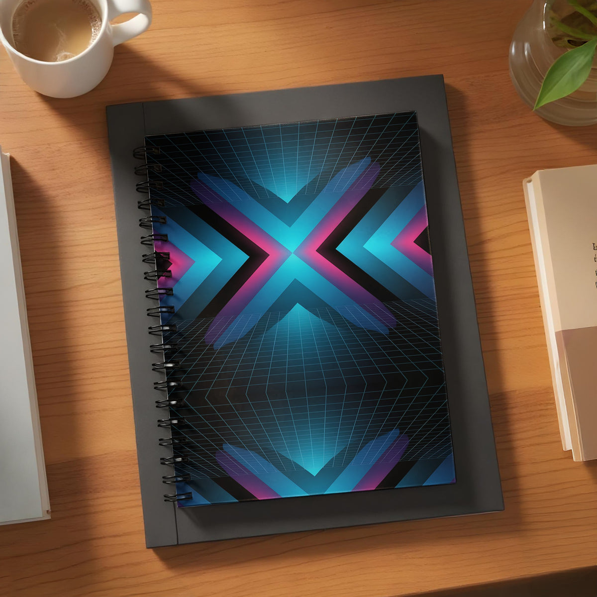 Spiral notebook with a neon geometric design featuring blue and pink lines on a black grid background.