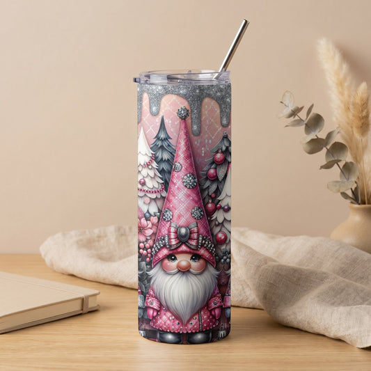 Pink gnome with Christmas trees and glitter design on tumbler with metal straw.