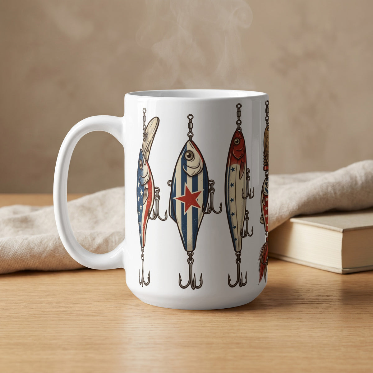 White mug with steam, featuring a pattern of American flag and red star fishing lures.