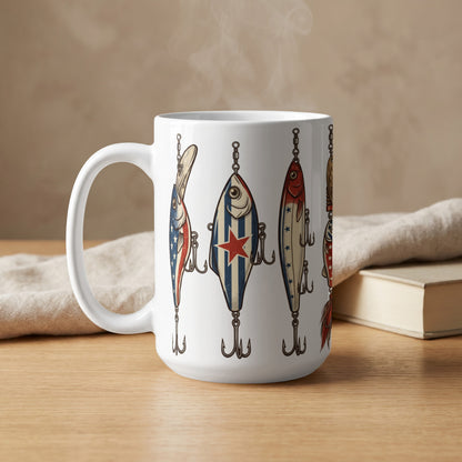 White mug with steam, featuring a pattern of American flag and red star fishing lures.