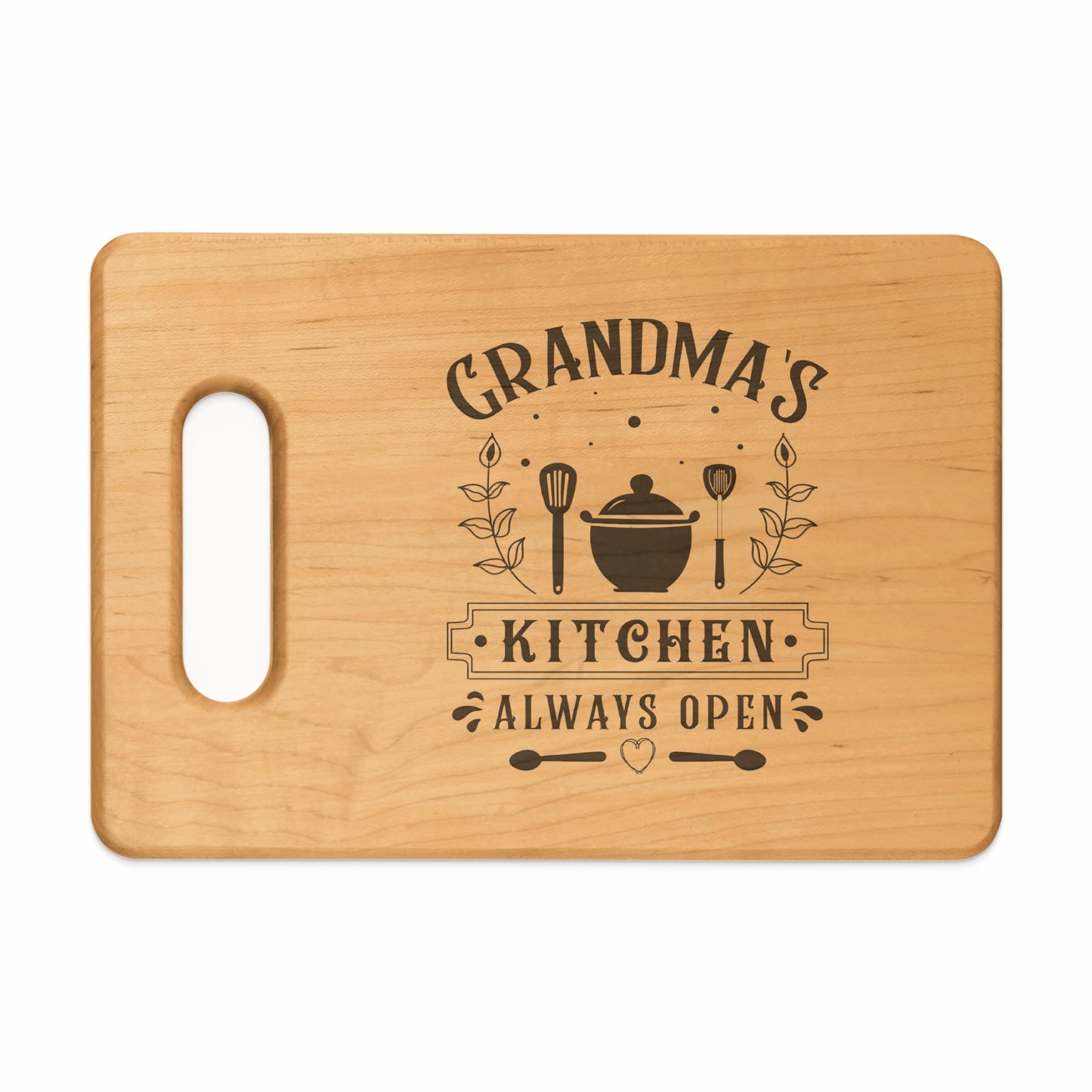 Wooden cutting board with "Grandma's Kitchen Always Open" text and kitchen icons.