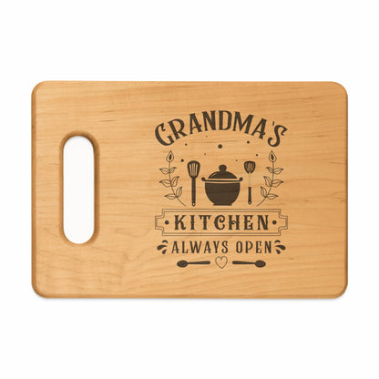 Wooden cutting board with "Grandma's Kitchen Always Open" text and kitchen icons.