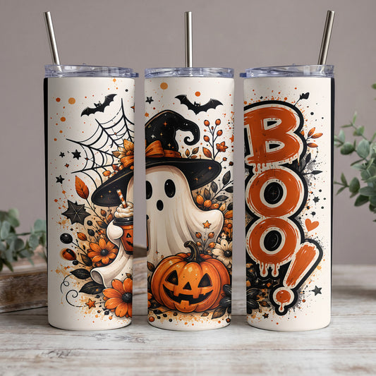 Three tumblers with Halloween designs featuring ghosts, pumpkins, bats, and the word "BOO."