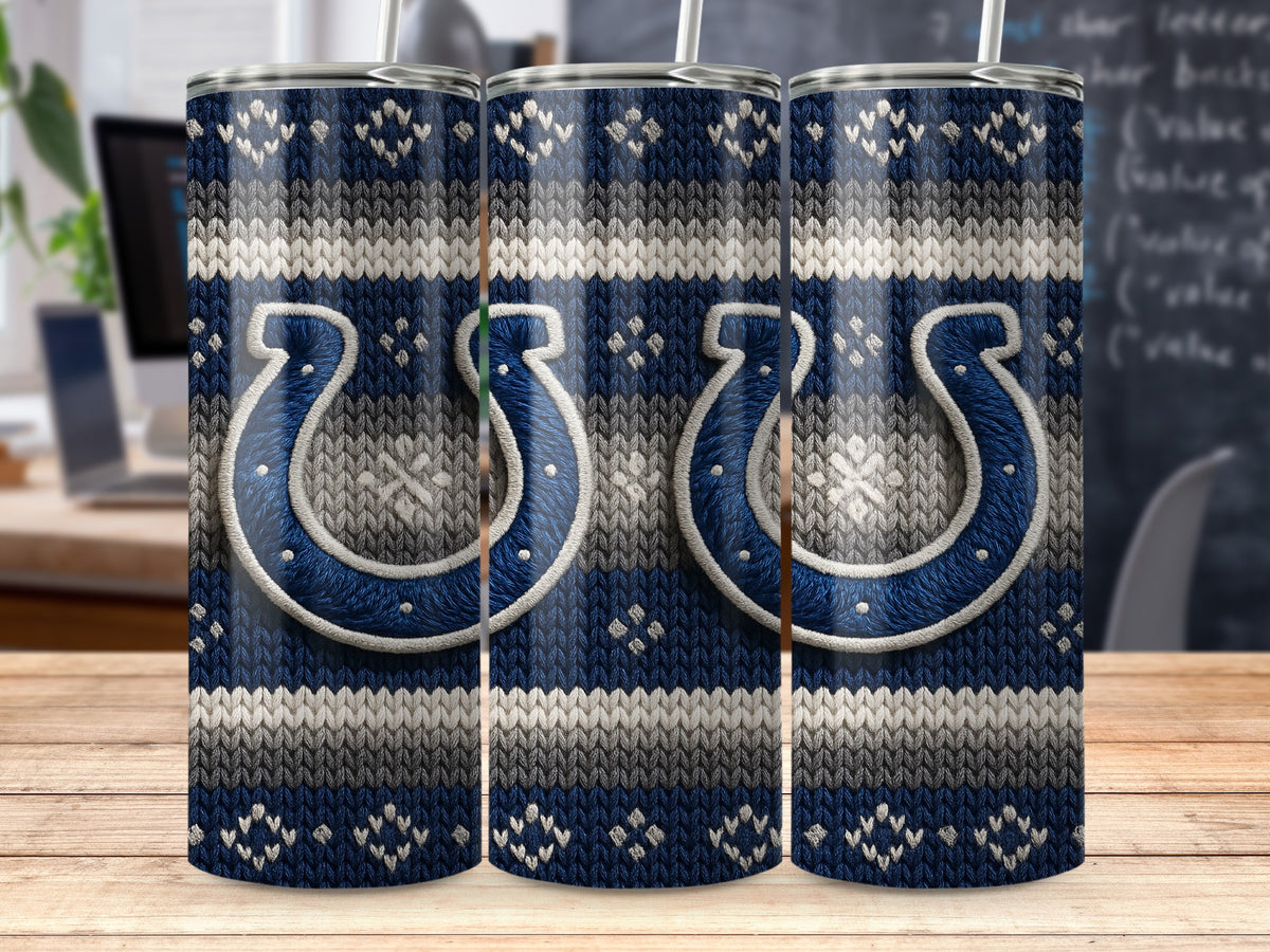 Three tumblers with a blue, grey, and white knit pattern and Indianapolis Colts logos.