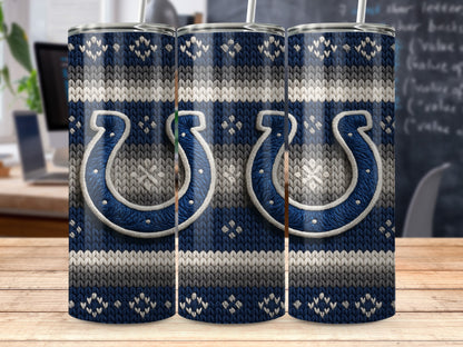Three tumblers with a blue, grey, and white knit pattern and Indianapolis Colts logos.