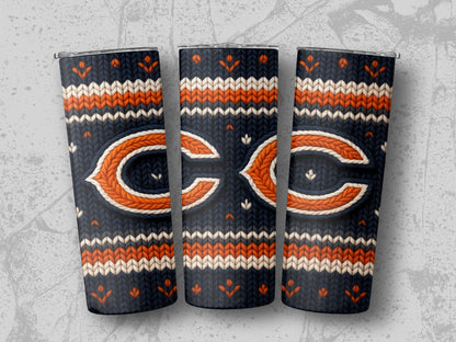 Chicago Bears logo on a dark blue knitted tumbler with orange and cream stripes.