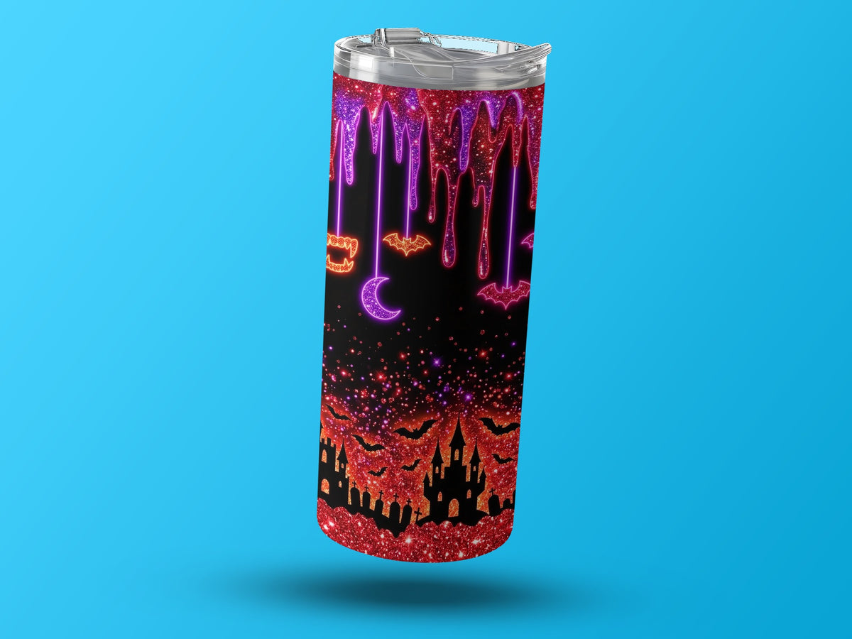 Halloween tumbler with spooky castle, bats, moon, and dripping accents.