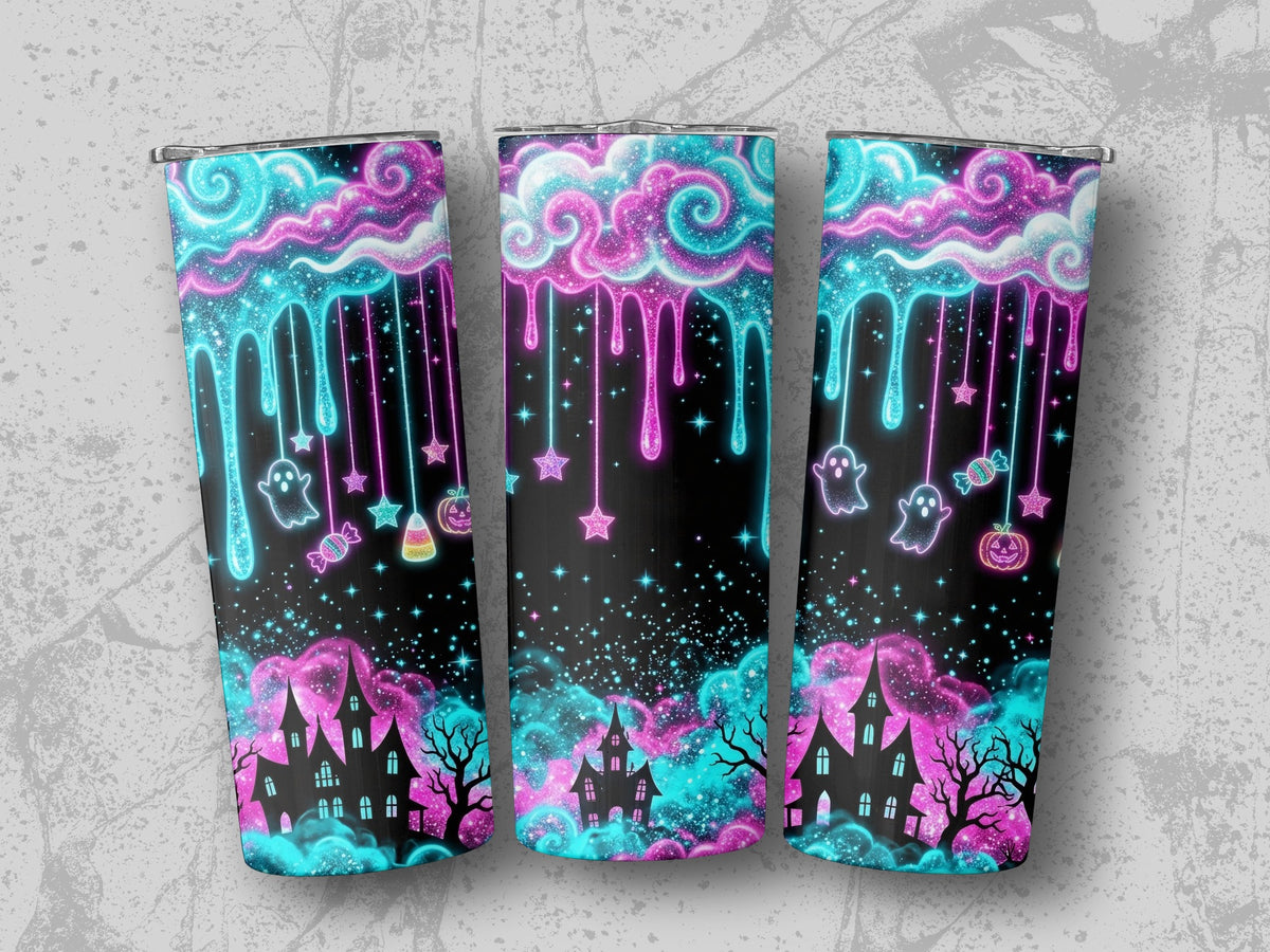 Three tumblers with a Halloween design featuring haunted houses, ghosts, and candy.