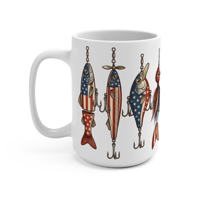 White mug with a collection of fishing lures designed with American flag motifs.