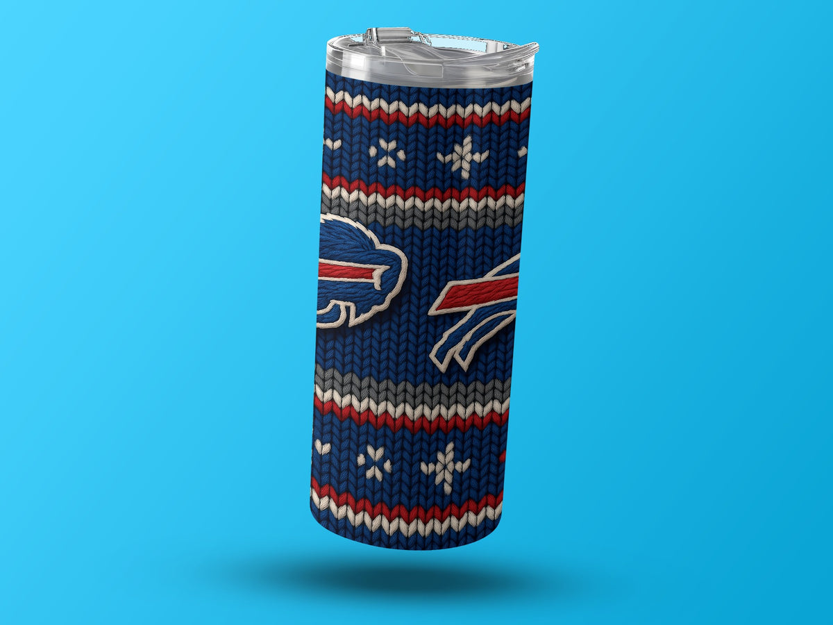 Buffalo Bills tumbler with knit pattern and logos