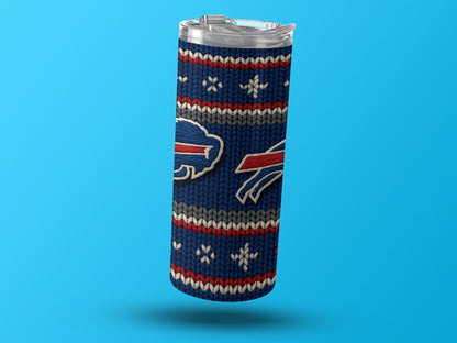 Buffalo Bills tumbler with knit pattern and logos