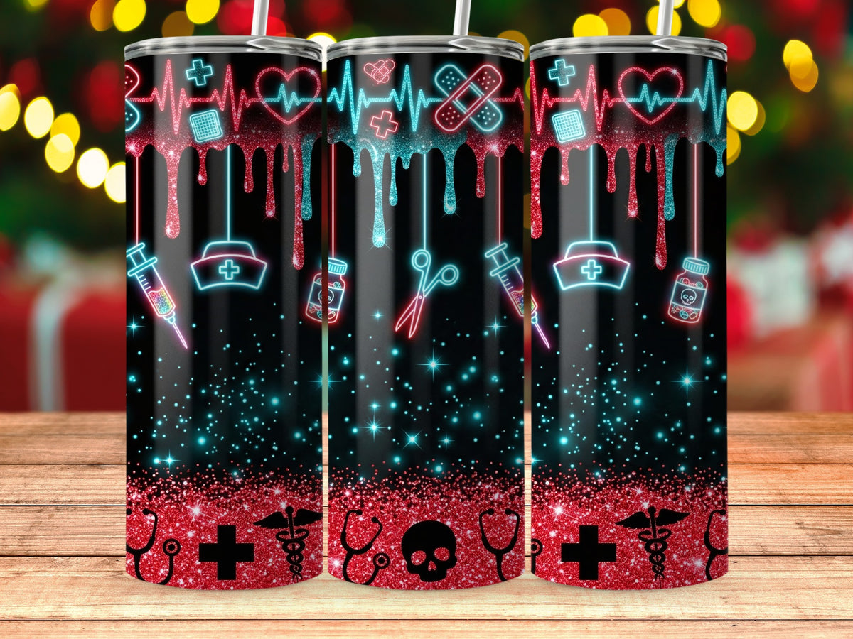Three tumblers with neon medical symbols, glitter, and dripping hearts on a wooden surface.