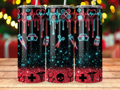Three tumblers with neon medical symbols, glitter, and dripping hearts on a wooden surface.