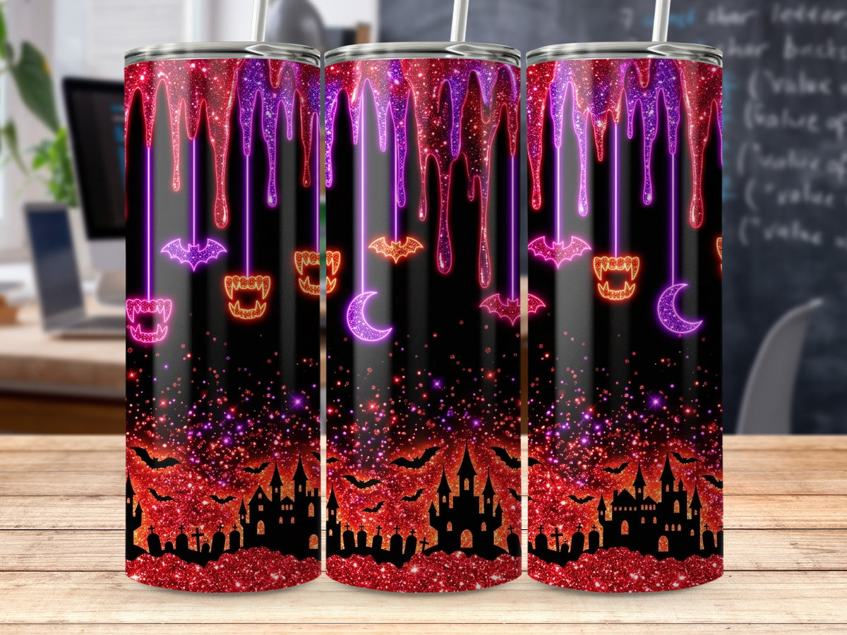 Halloween-themed tumblers with dripping glitter, bats, fangs, moons, and haunted castles.