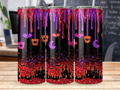 Halloween-themed tumblers with dripping glitter, bats, fangs, moons, and haunted castles.