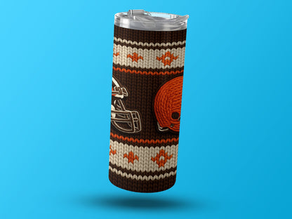 Browns football helmet tumbler with knit-inspired brown, cream, and orange pattern.