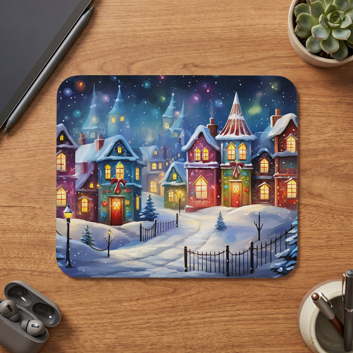 Snowy village with colorful houses and festive lights at night
