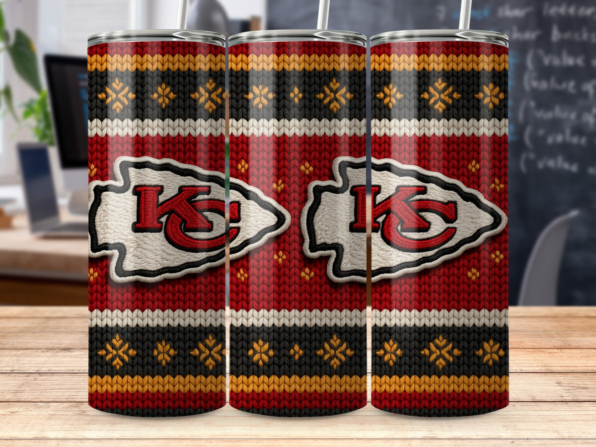 Kansas City Chiefs logo on a red, white, black, and gold knit tumbler.