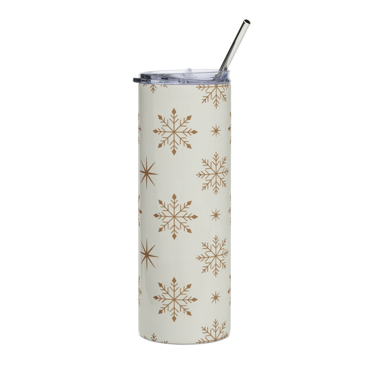 White tumbler with gold snowflake pattern and silver straw