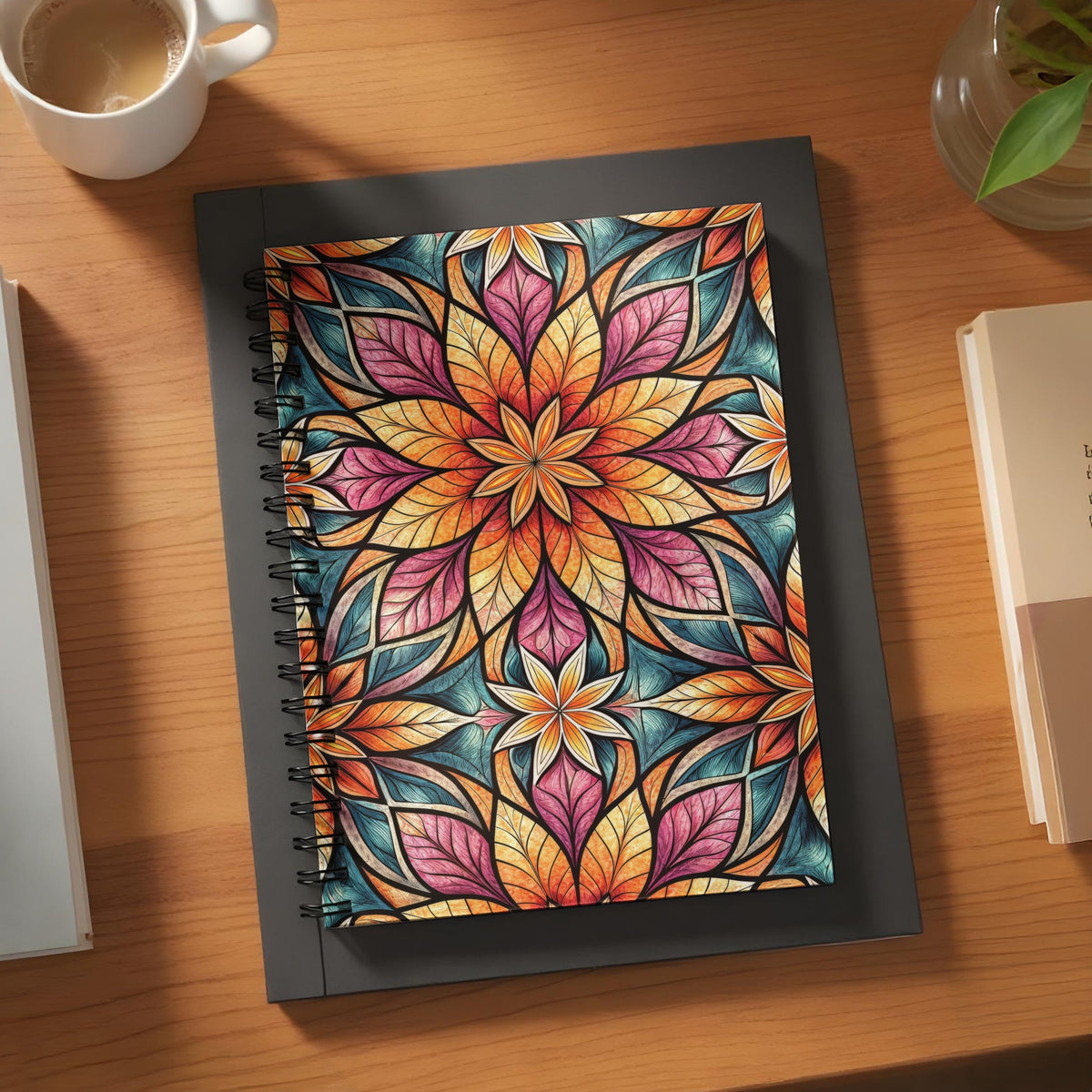 Spiral-bound notebook with colorful stained-glass style floral pattern.